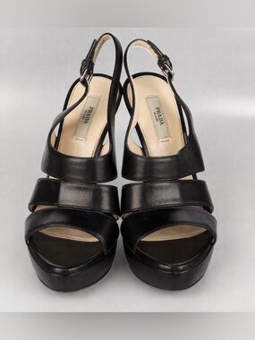 Prada Black Leather Platform Slingback Heels Size 39 Designer Sandals